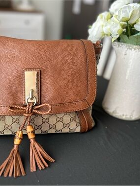 Gucci Brown Leather and GG Canvas Tassel Shoulder Bag